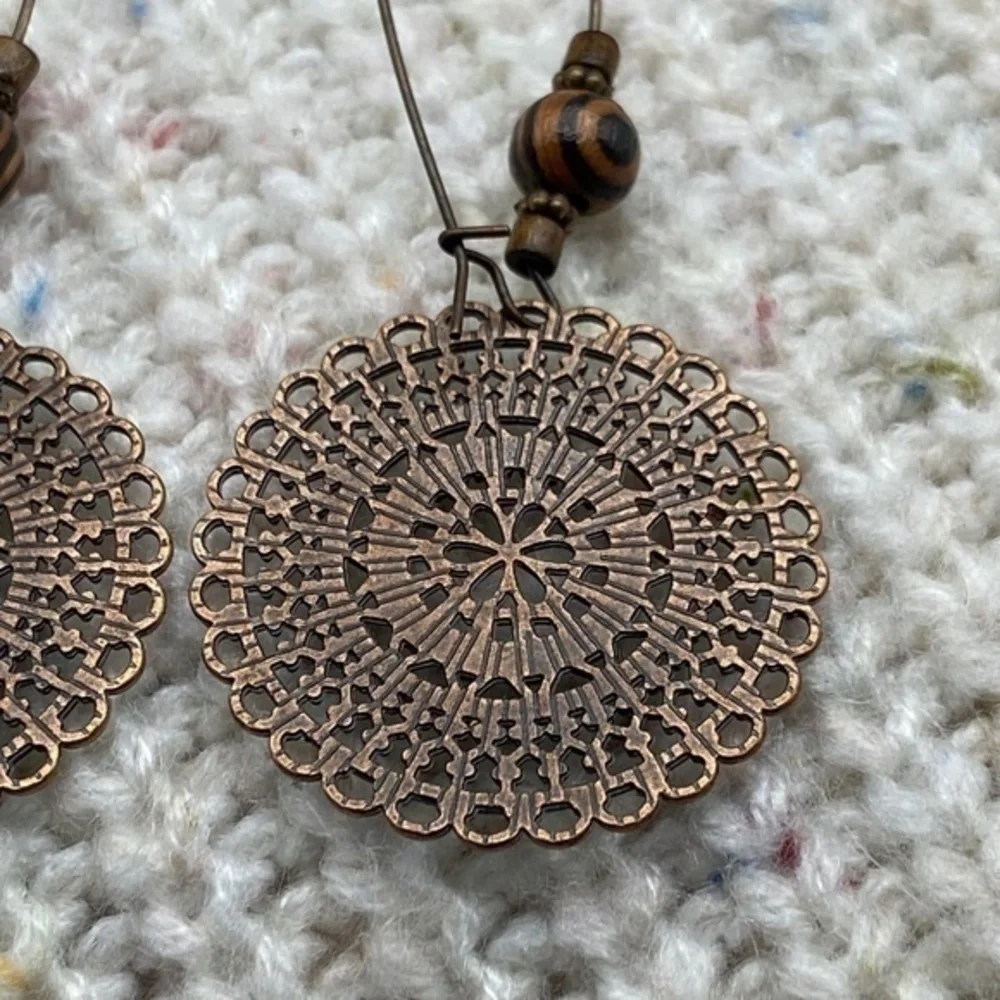 BohoDrop Earrings Round Ornate‎ Metal Wood Bead Hanging Earrings